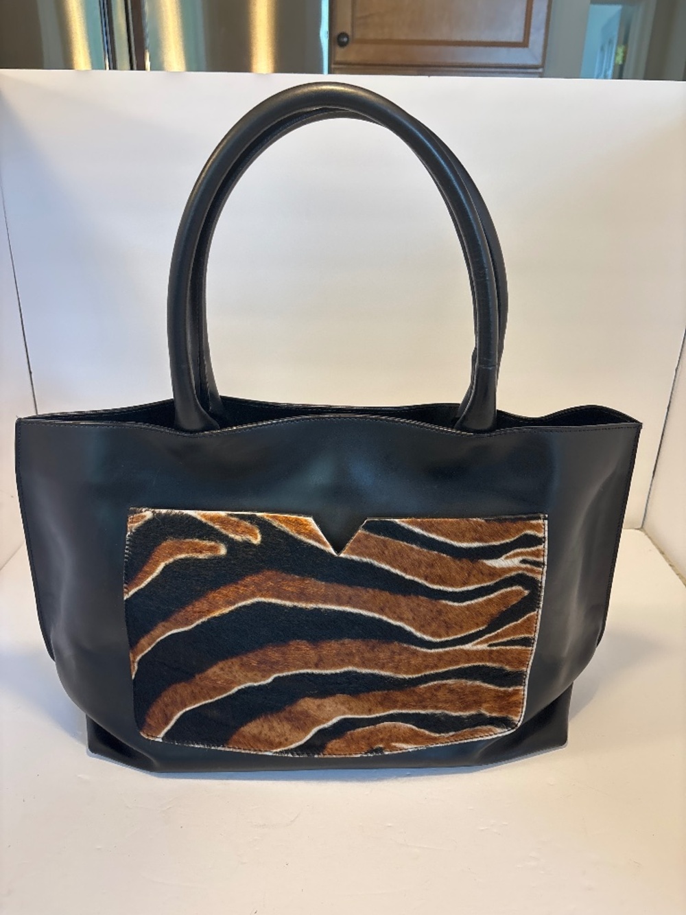 Varriale Italy Black Leather Tote Handbag Animal Print Calf Hair Front